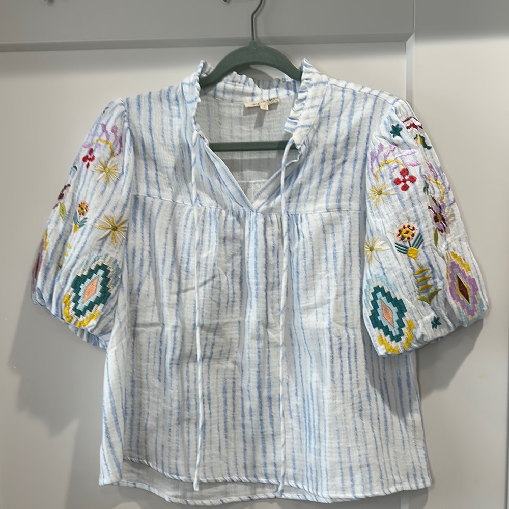 Floral Embroidered Blouse - Blue and White
